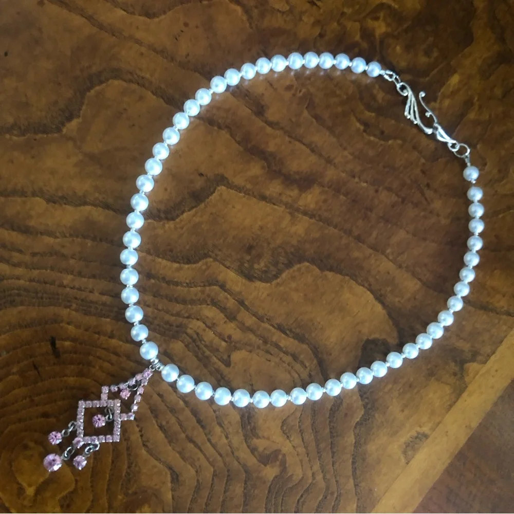 Handcrafted repurpose elegant pink chandelier pendant Czech glass Pearl necklace